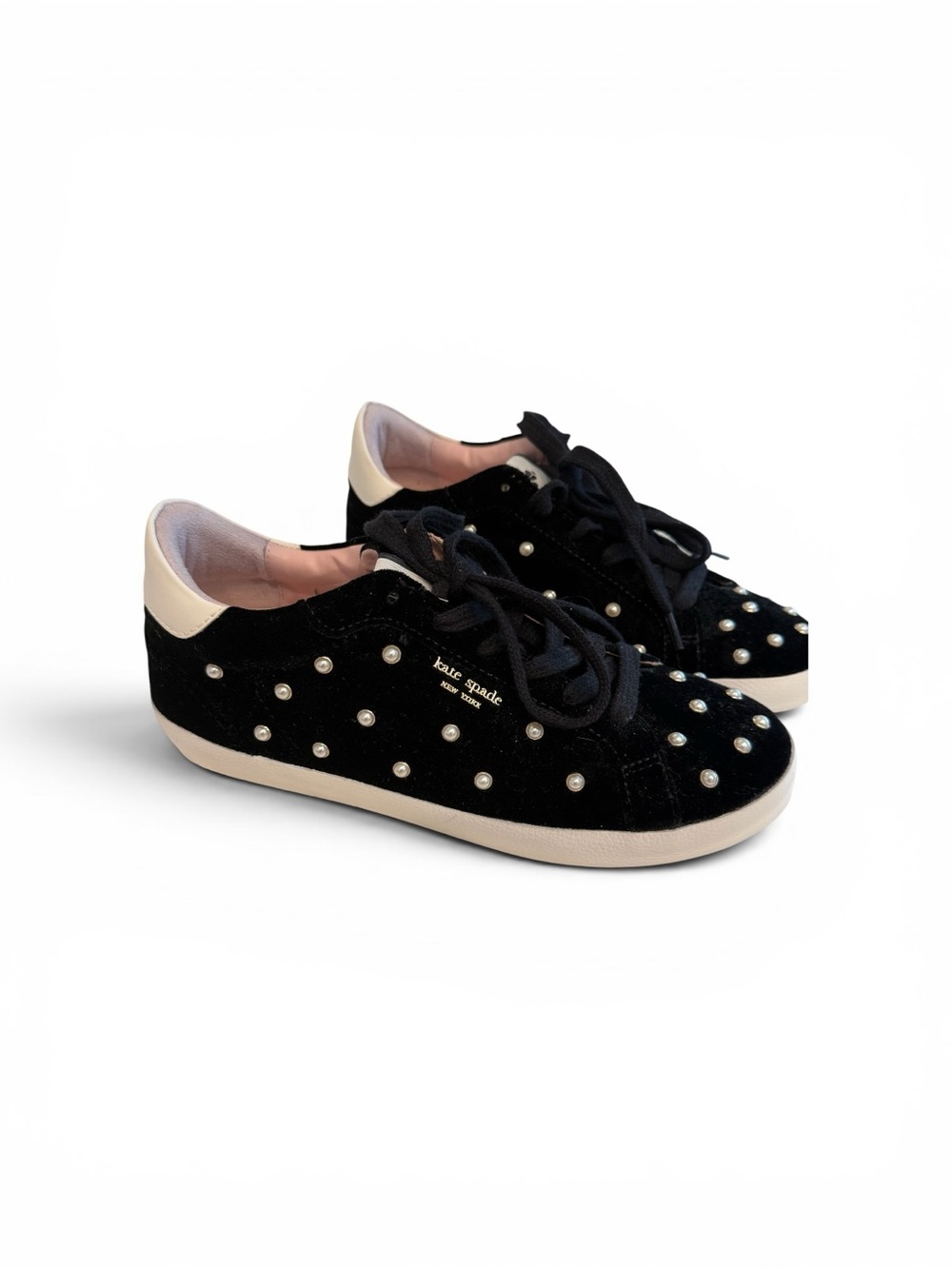 kate spade Black Velvet Ace Pearl-Embellished Sneakers with Cream Trim 8.5 New